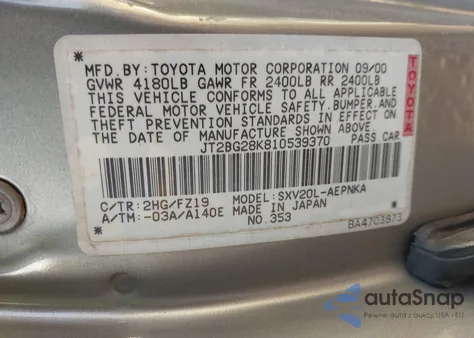 2001 Toyota Camry Le z USA, uszkodzony, nr VIN JT2BG28K810539370